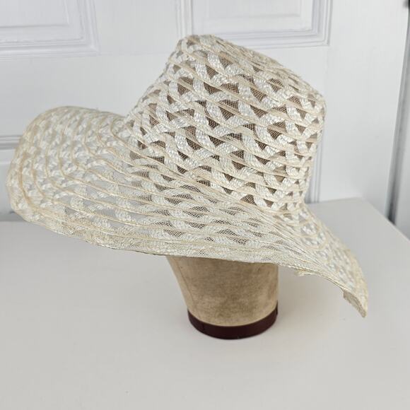 VTG 1970s wide brim sheer Hat crisscross  prairie cottage boho bridesmaid - Picture 2 of 10